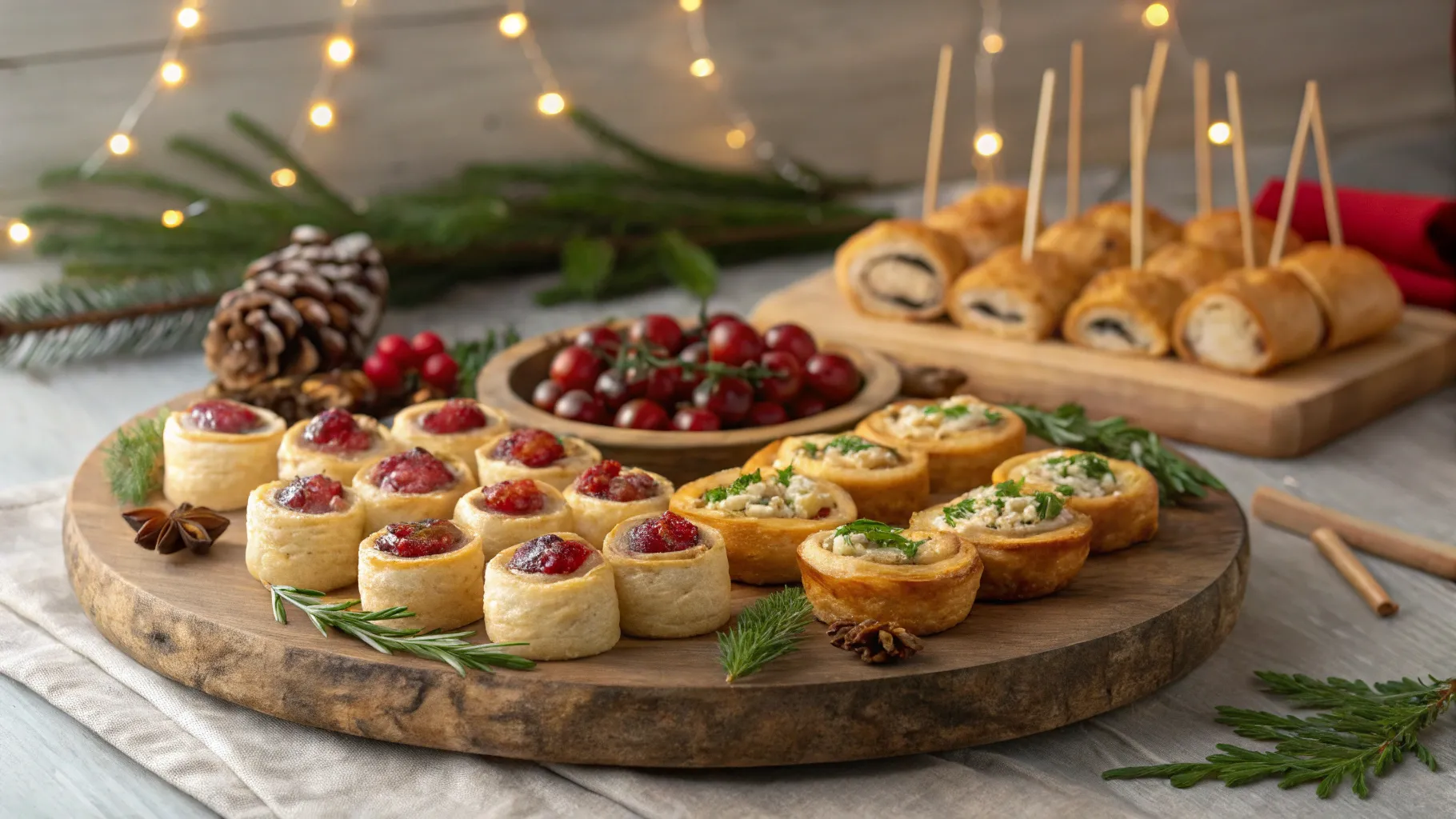 A festive platter showcasing a variety of colorful make-ahead Christmas finger foods like mini quiches, sausage rolls, and stuffed mushrooms.