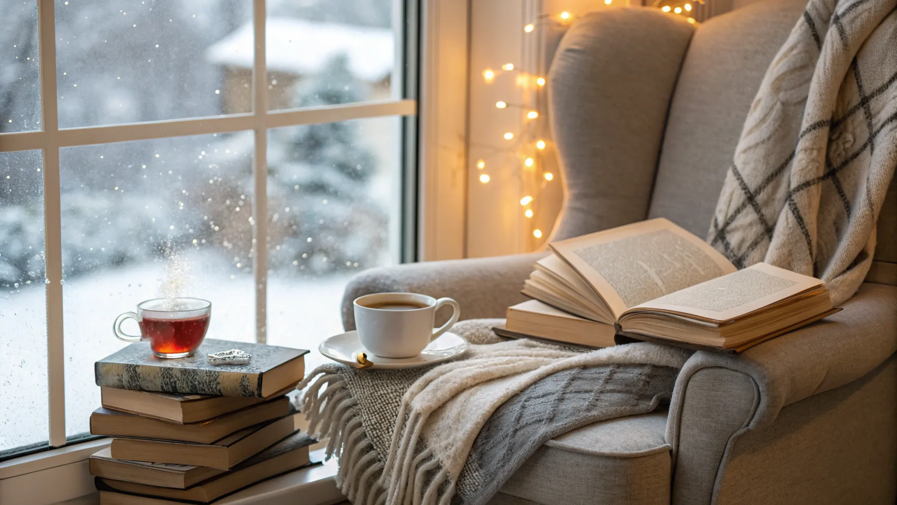 Exploring 10 Winter Books to Read in a cozy reading nook with snow falling outside.
