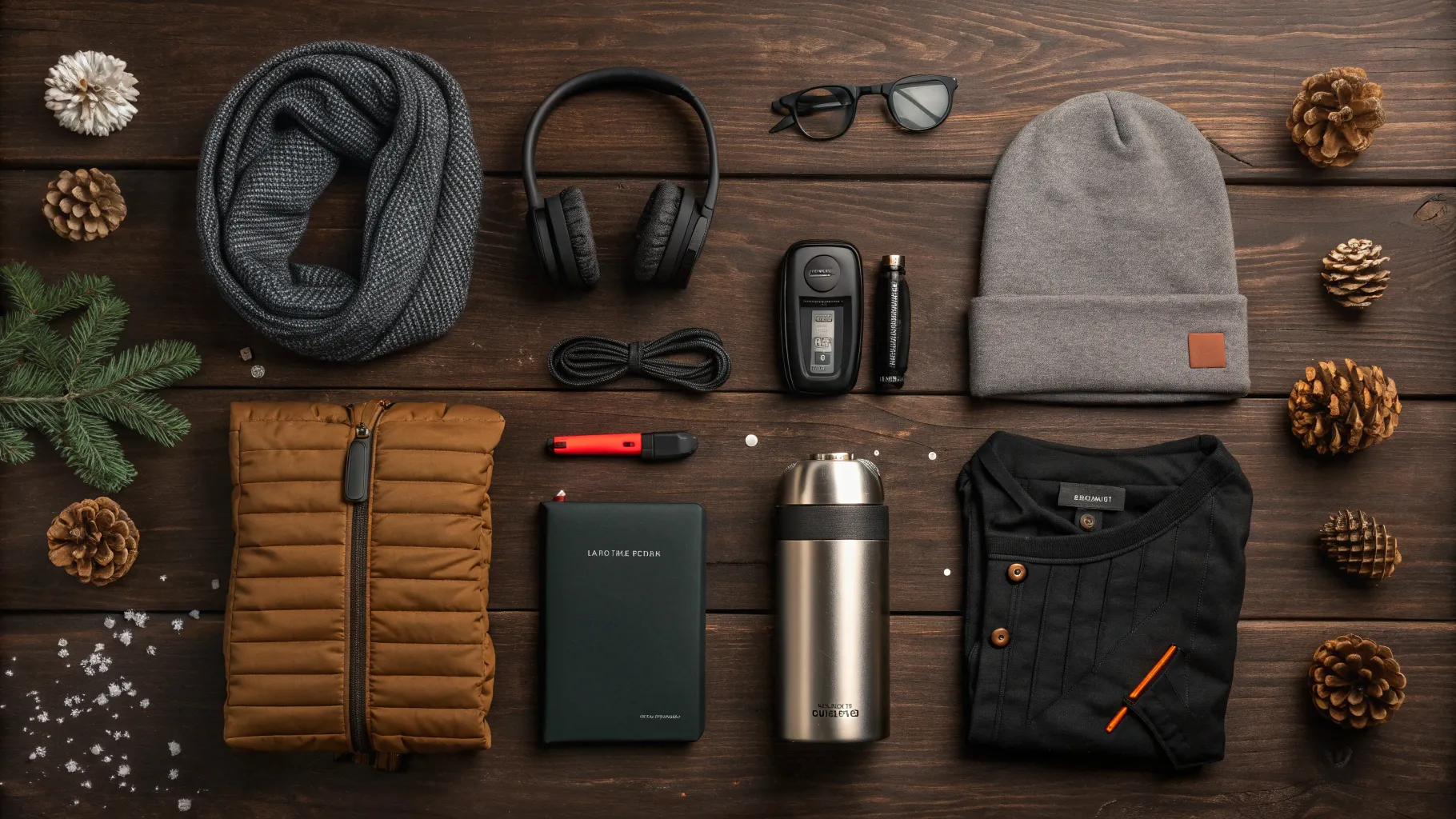 A curated collection of the top 14 Amazon winter gadgets displayed neatly on a rustic wooden table with a snowy background.