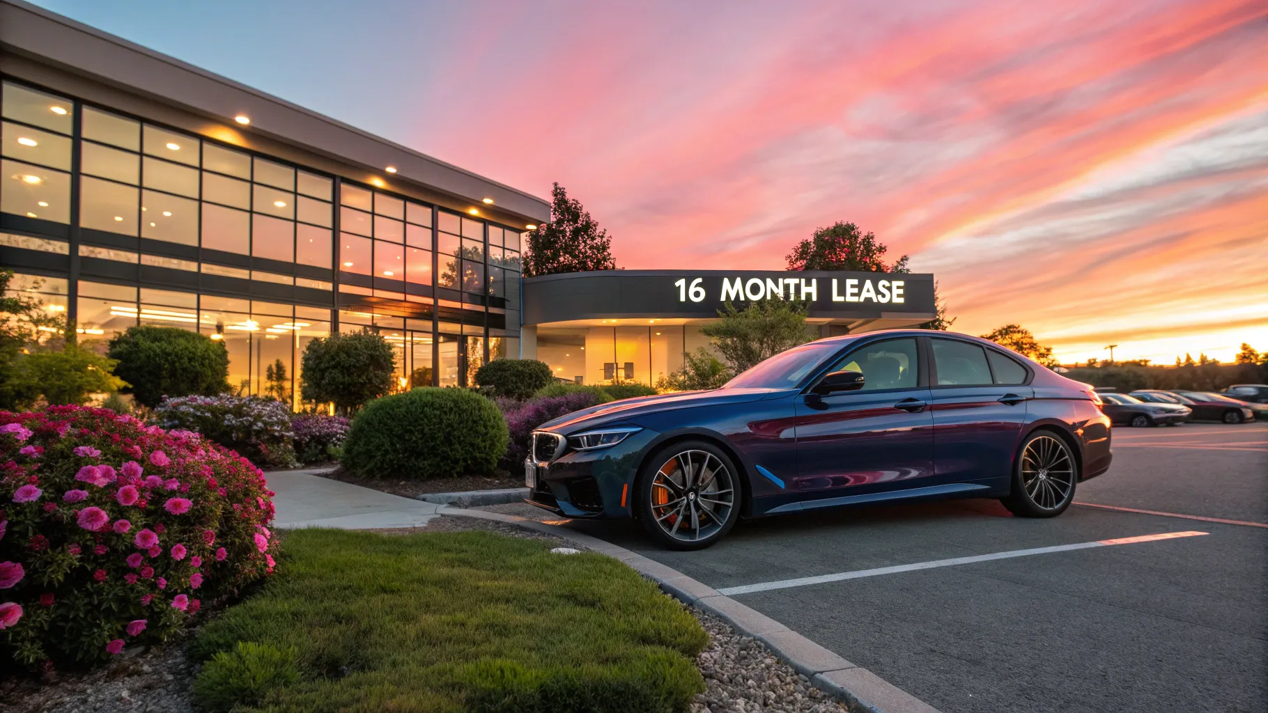 16 month car lease deals showcased in a tranquil sunrise-lit dealership setting.