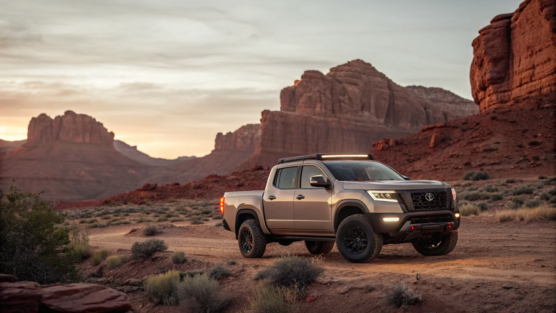 A modern sand-colored 2026 Nissan Frontier truck parked in a desert canyon at sunset.