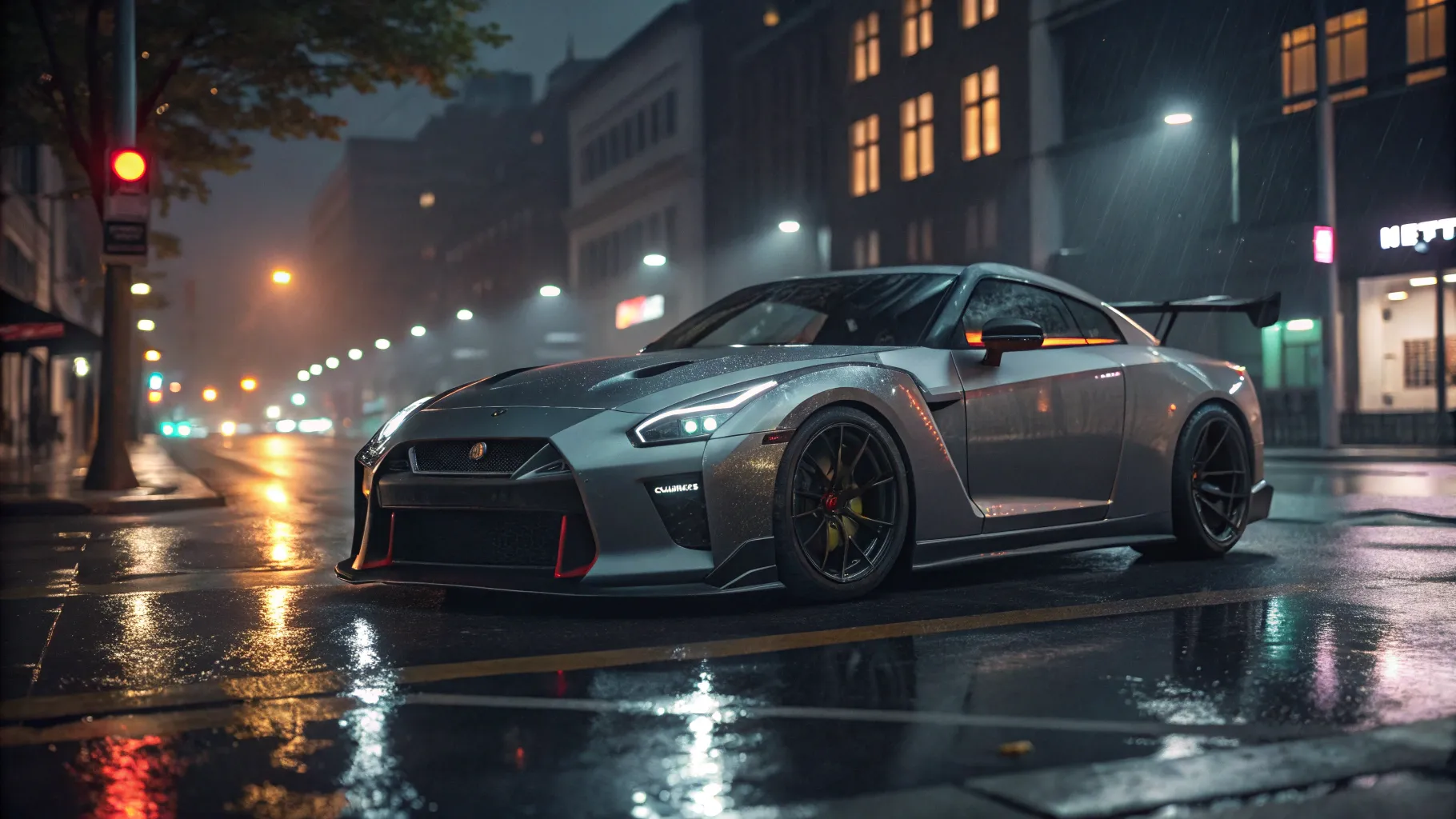 The futuristic 2026 Nissan GT-R in liquid silver on a scenic mountain pass at dusk.