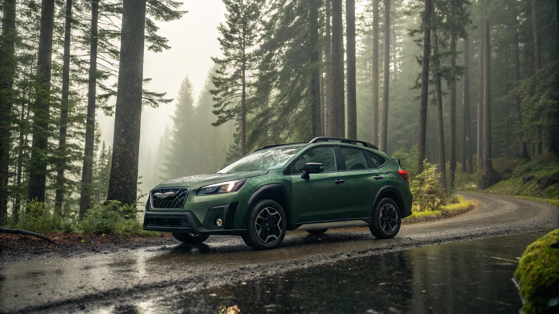 A green 2026 Subaru Crosstrek parked on a forest path, showing its modern front design.