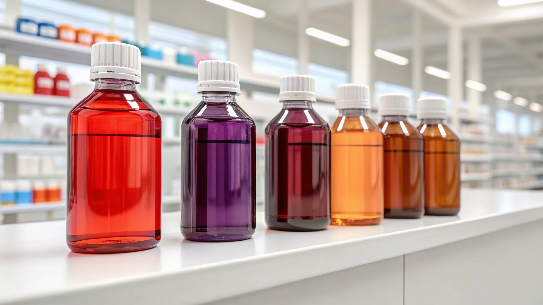 A lineup of five of the most popular cough syrup brands on a clean, modern pharmacy shelf.