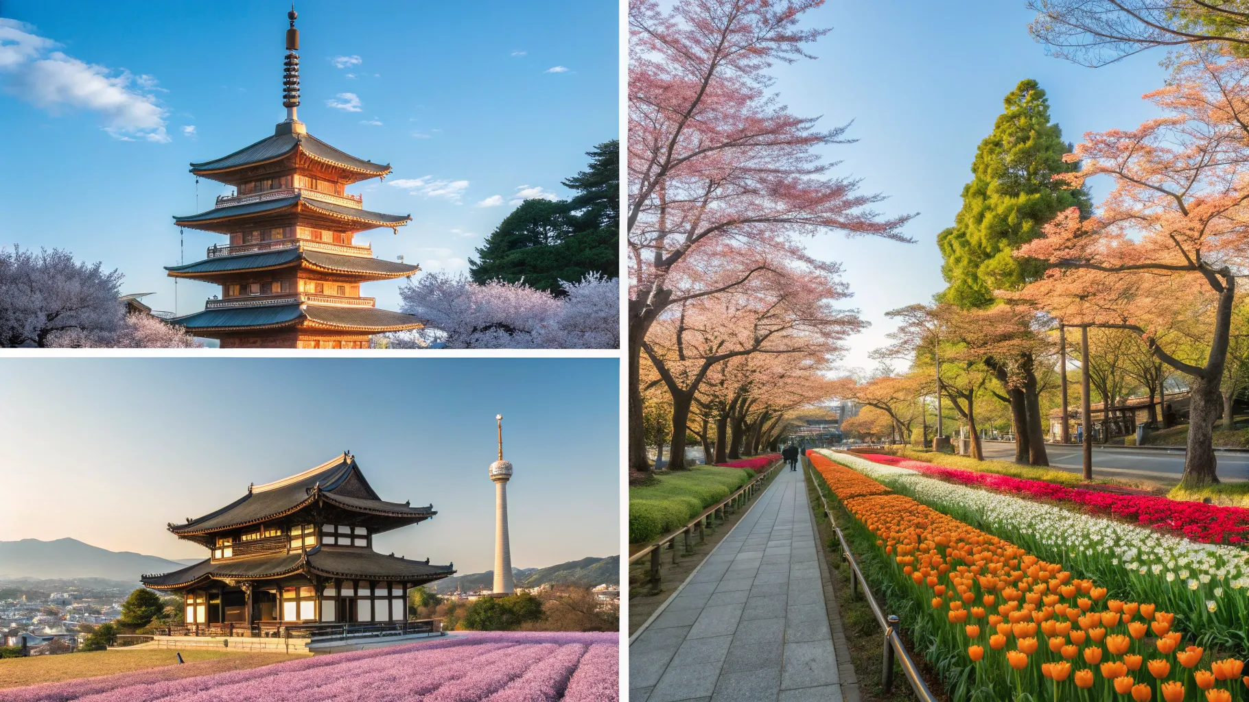 A vibrant collage showcasing the 5 march april travel destinations: cherry blossoms in Japan, tulip fields in the Netherlands, sunny Spanish beaches, and lush Costa Rican rainforests.