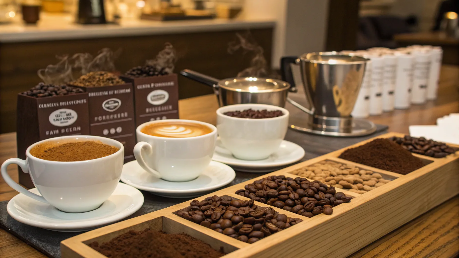 Coffee Brands Ranking: A cozy coffee tasting display with varied brews and beans.
