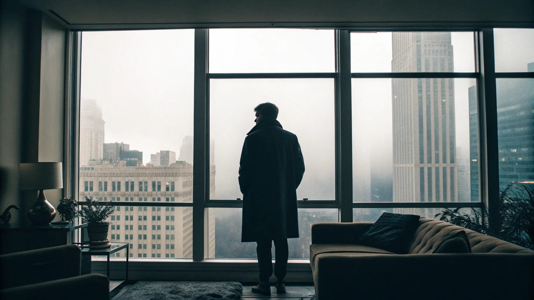 A person's silhouette looking through a window at a blurry, fog-covered city, representing the feeling of brain fog.