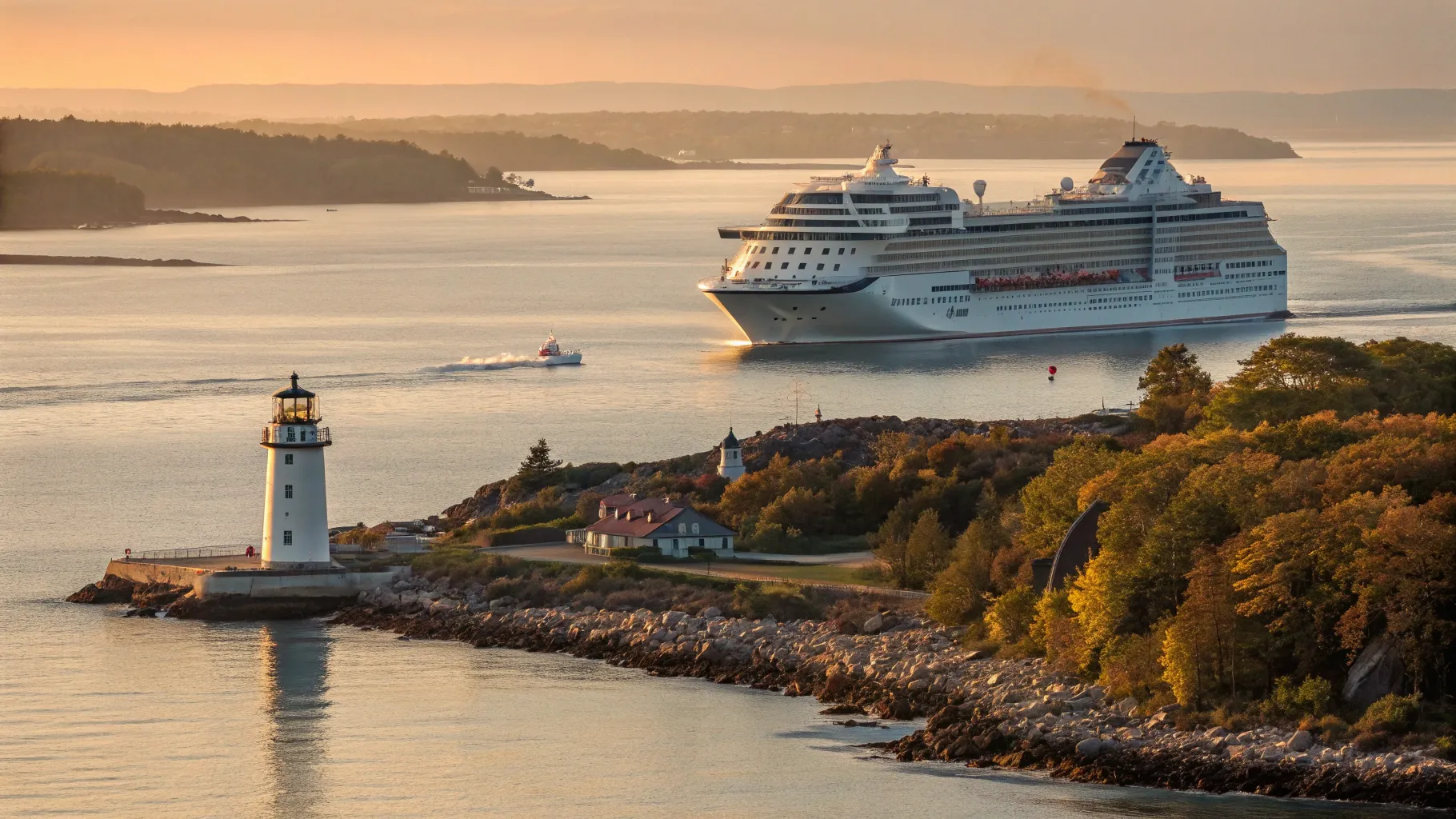 A large cruise ship sailing past a historic lighthouse, representing a scenic 7 day east coast cruise.