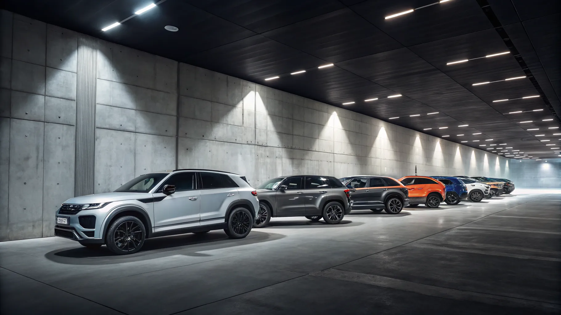 A lineup of seven different durable SUVs from 2025 parked in a rugged, scenic landscape, showcasing their resilience.