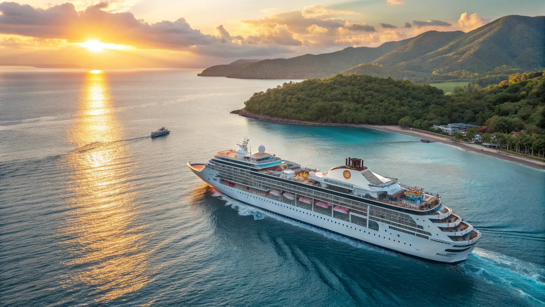 A comprehensive guide to 7 Day Cruise from Perth to Bali with a cruise ship at sunset.