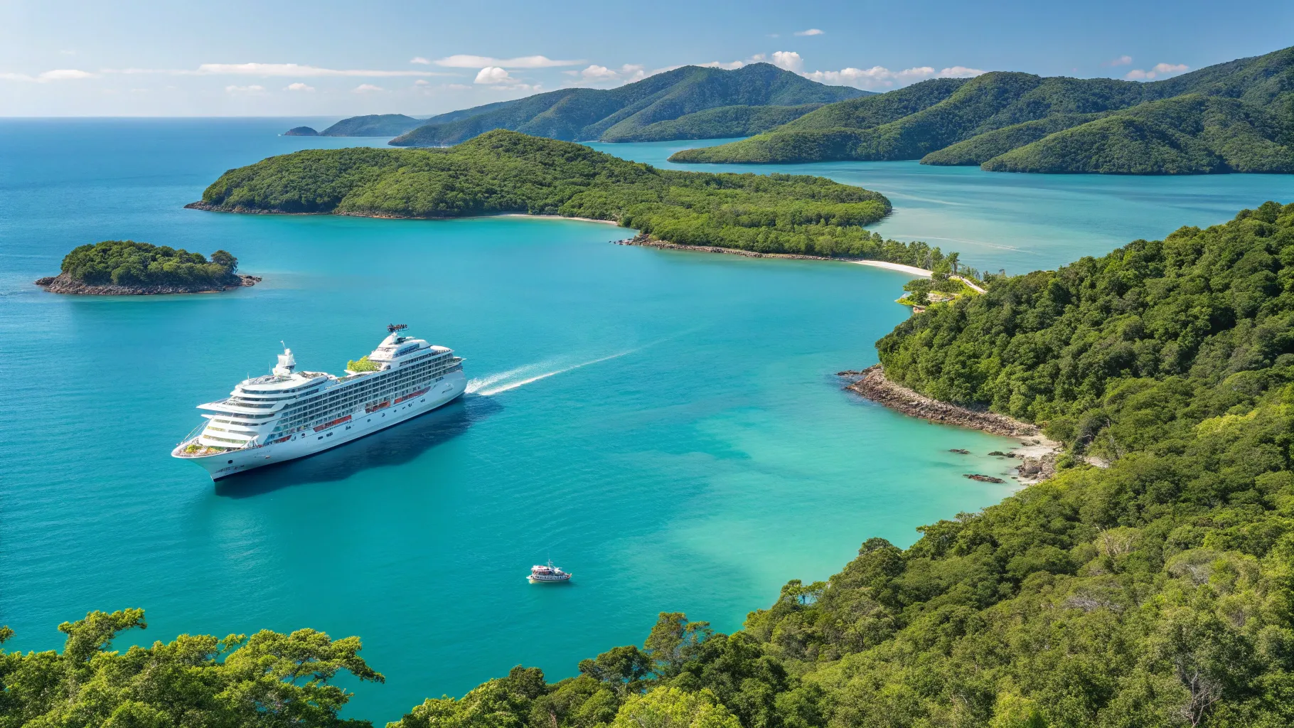 Australia to Thailand Cruise showcases a ship sailing in crystal-clear waters under sunny skies.