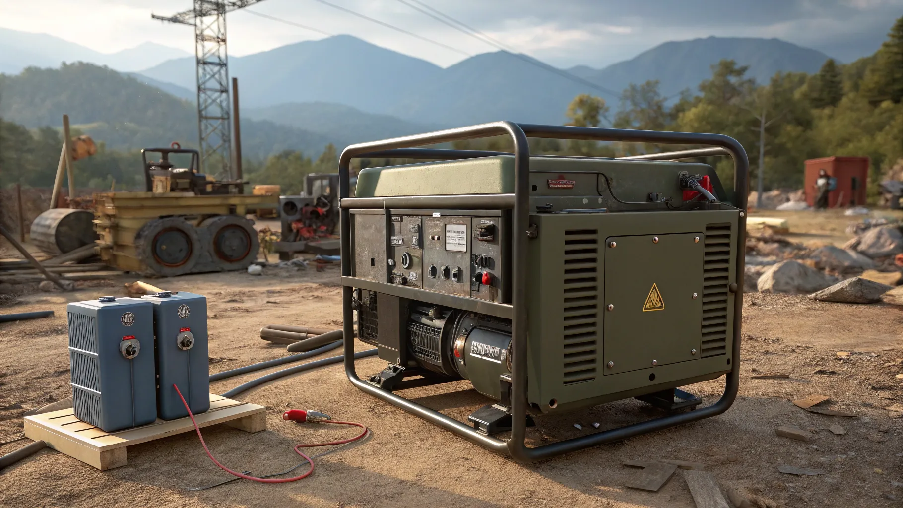 Army surplus diesel generator units in a rugged setting beside construction tools.
