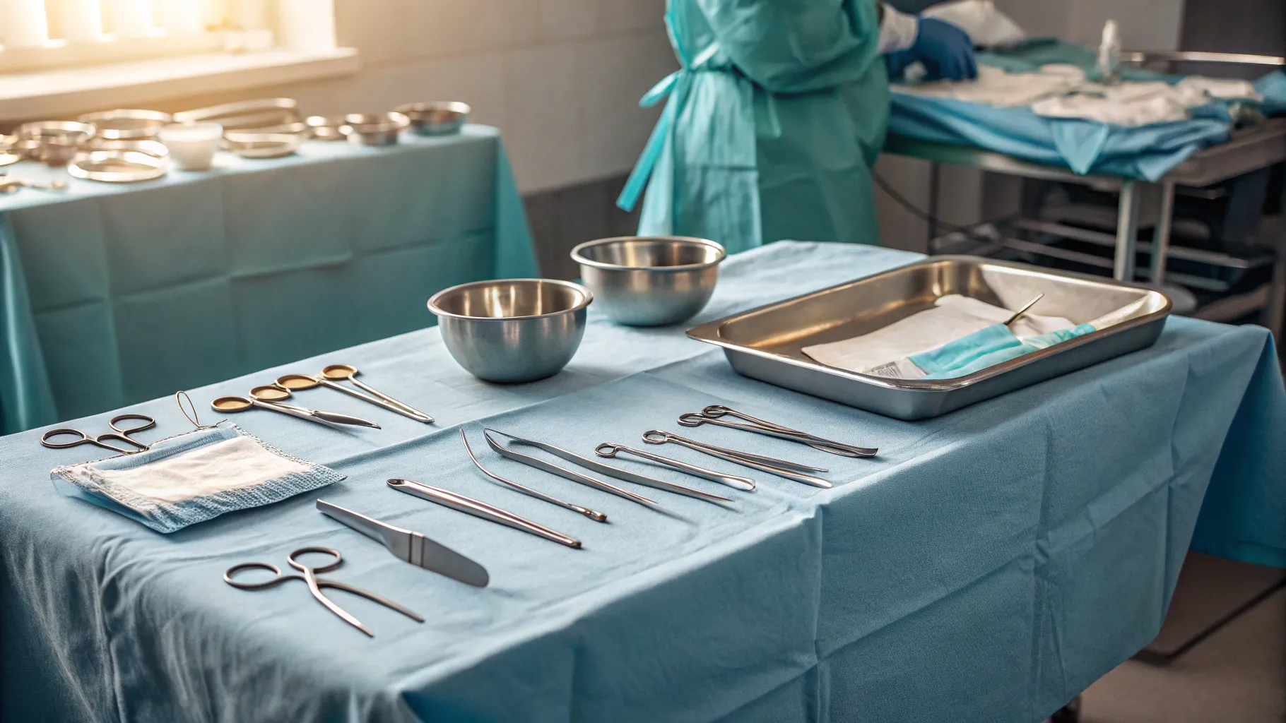 Areola reshaping surgery setup with sterile instruments and careful organization.