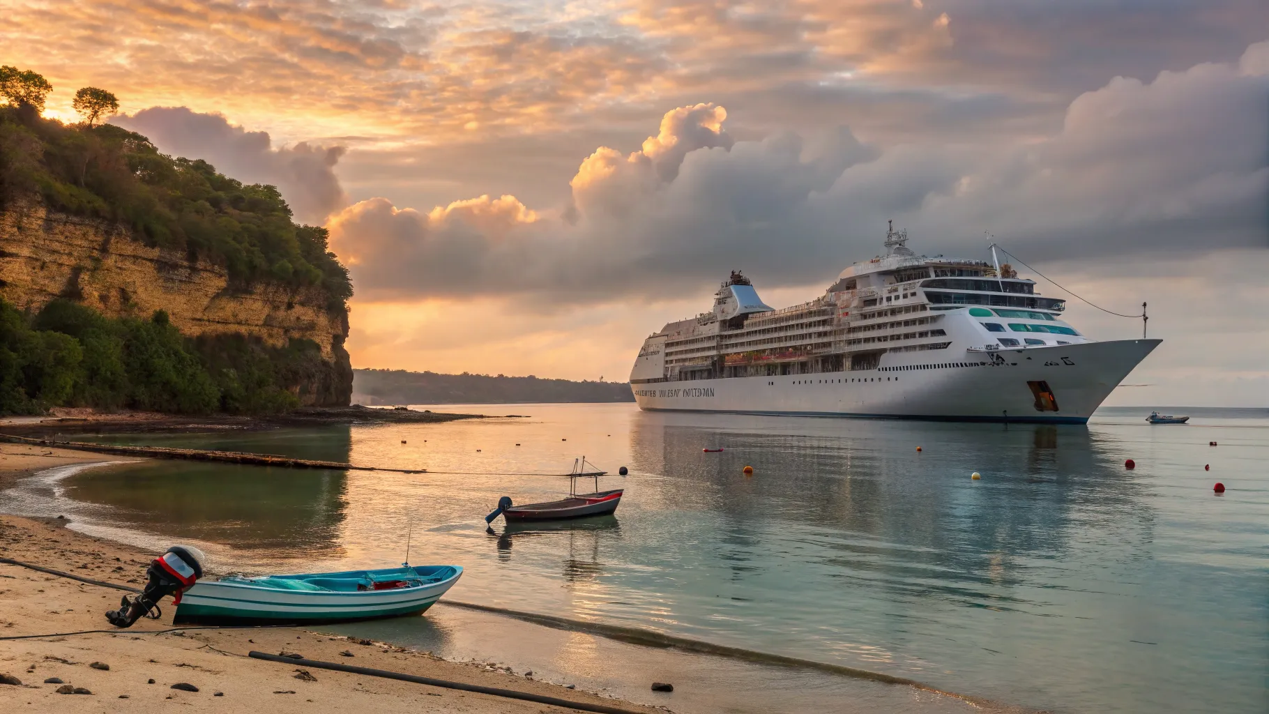 Australia to Bali cruise ship off Benoa with temple cliffs and traditional boats