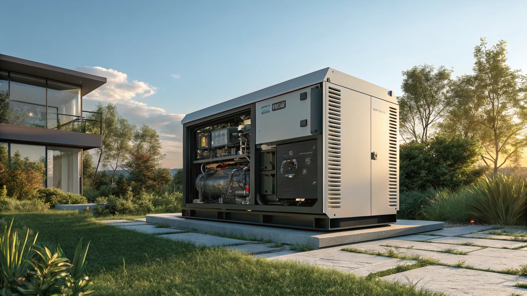 Tips for Buying a Generator: Various generators in a detailed outdoor setting.
