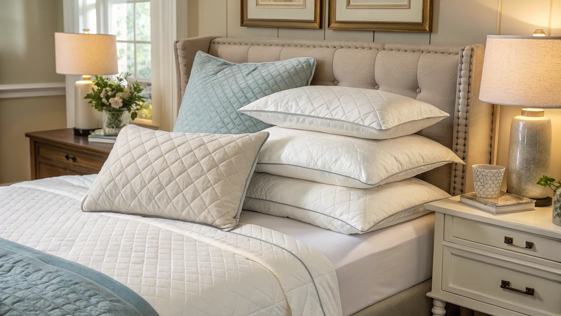 Read more about tips for buying a sleeping pillow in a serene bedroom setting.