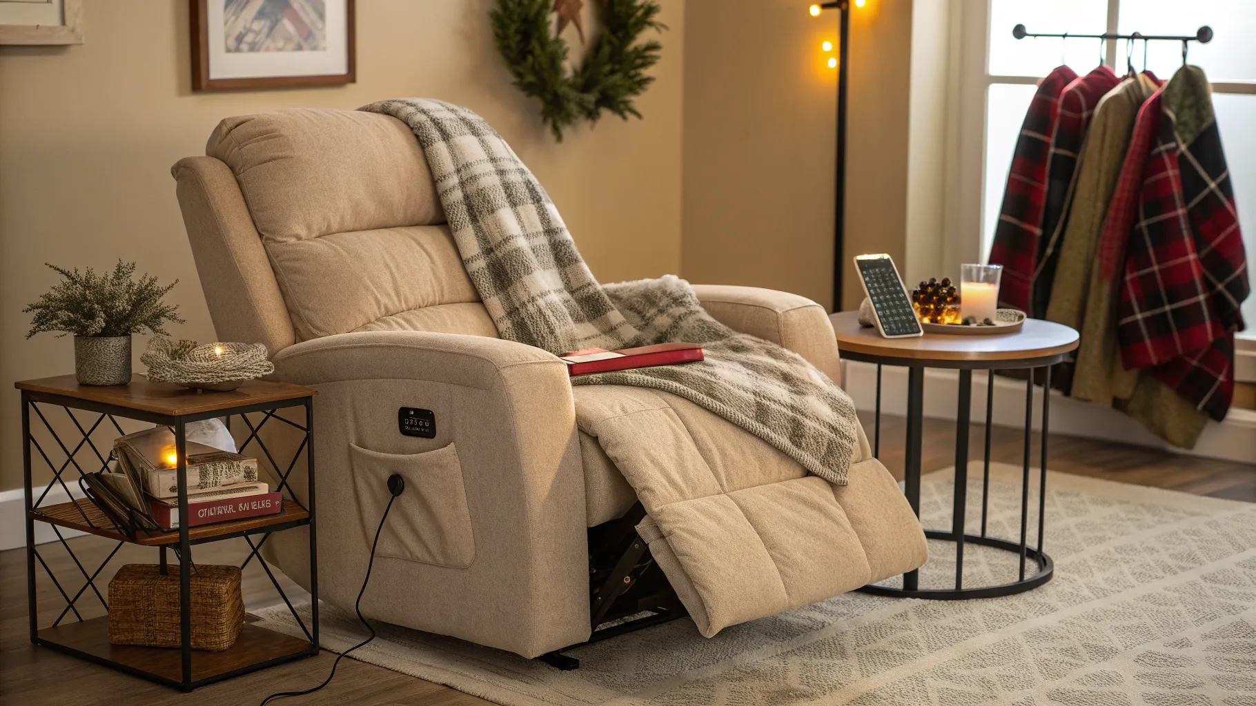 Black Friday Products Seniors Browse: Cozy living room with ergonomic recliner and heated blanket.