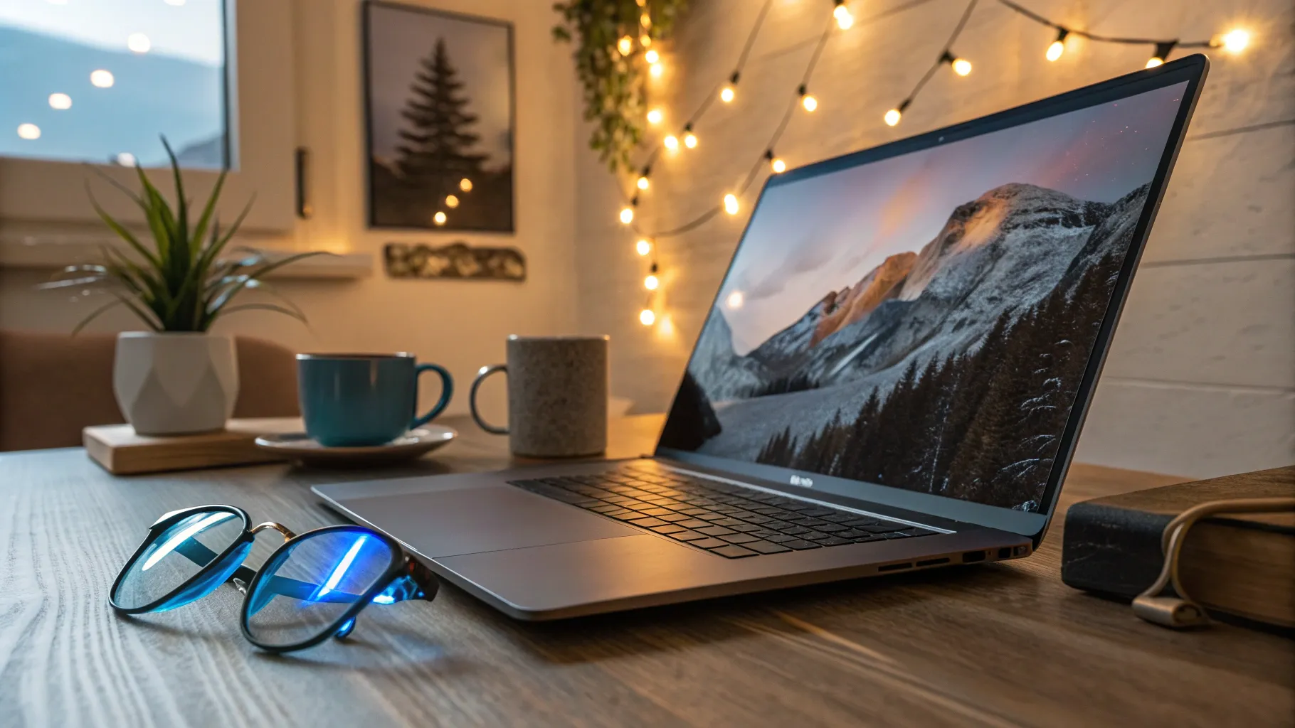 Do blue light glasses actually work? A workspace with a laptop and blue light glasses.