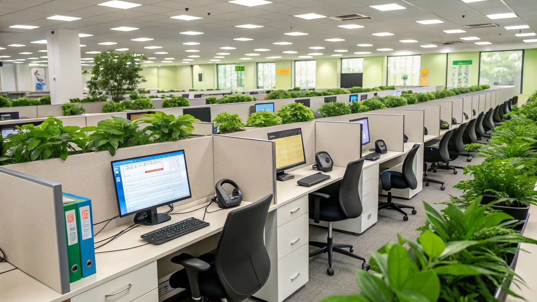 Call center positions in a tech-driven workspace with multiple screens and headsets.