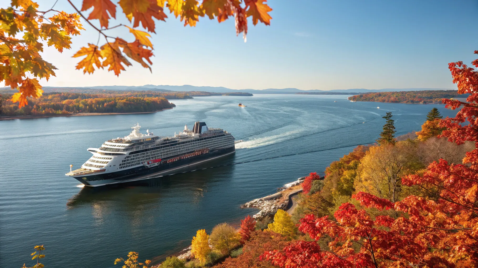 Montreal to Boston Cruise Deals with a cruise ship amidst stunning fall foliage scenery.