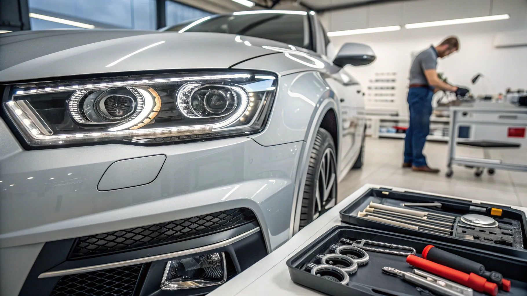 Car headlights replacement service in a professional workshop with tools and components.