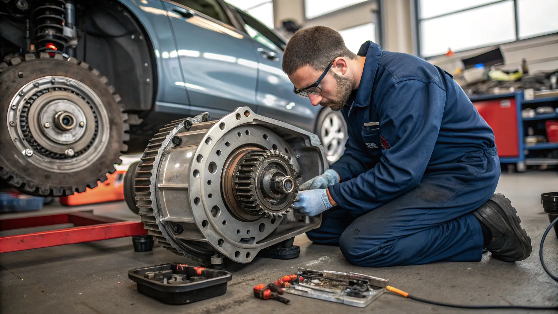 Car torque converter replacement service in an auto repair shop with tools and parts.