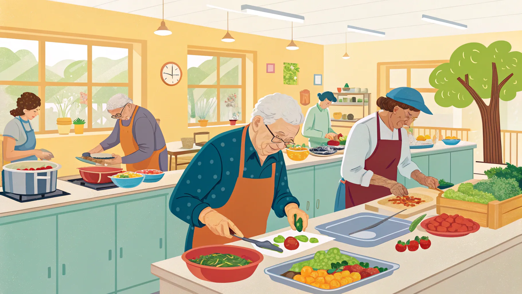 Care home kitchen jobs for seniors feature vibrant cooking scenes with fresh ingredients.