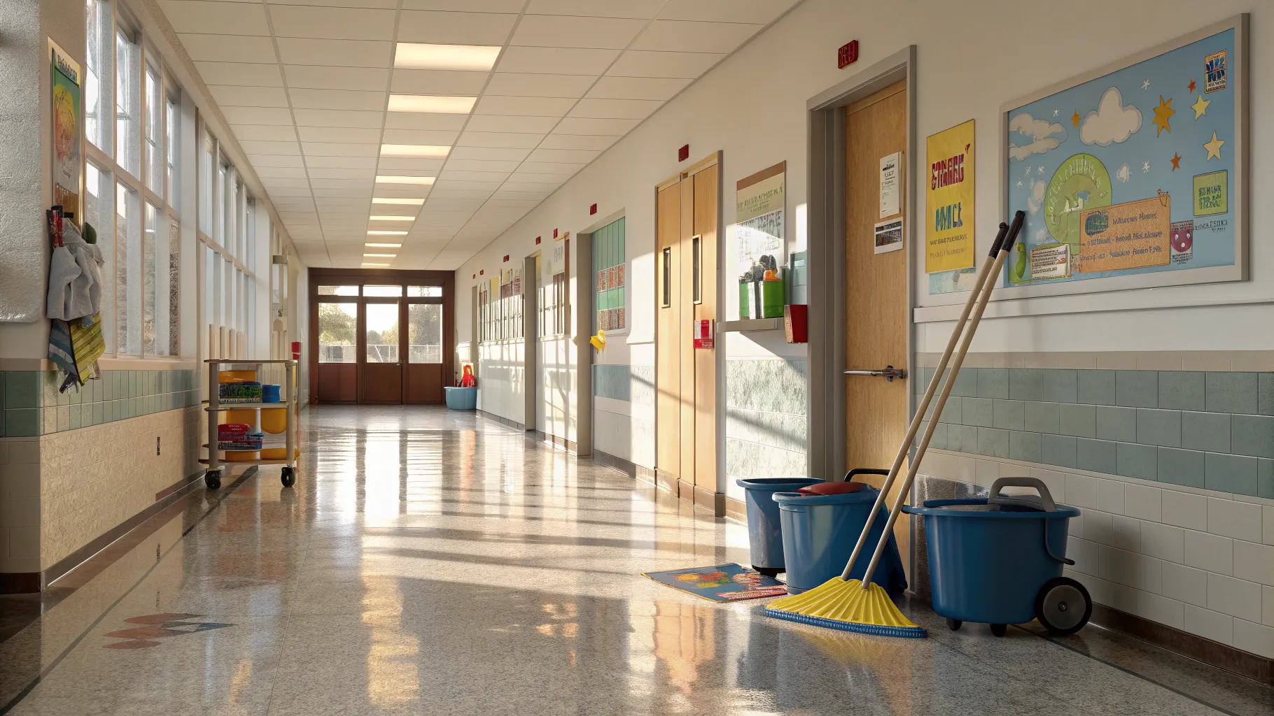 Cleaning jobs for seniors at school: a bright, tidy hallway with cleaning supplies visible.