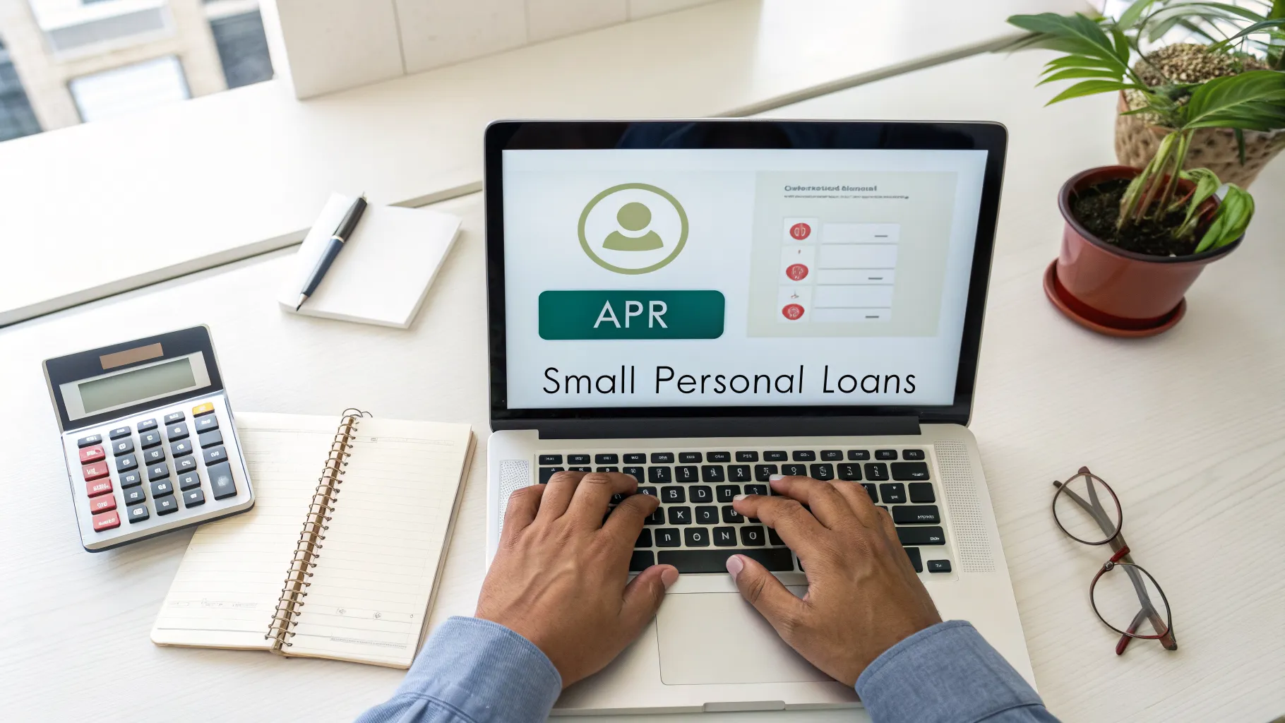 A person at a desk using a laptop to compare small personal loans from different online lenders.