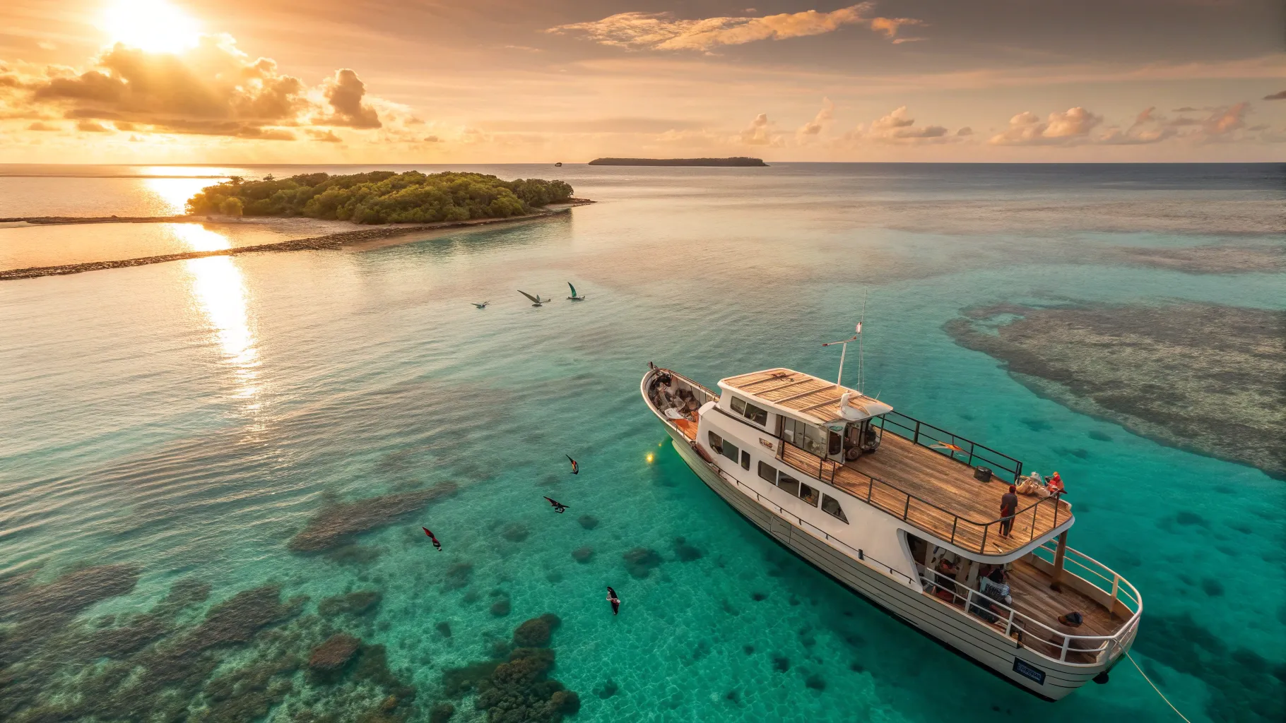Australia to Coral Sea cruise anchored near a coral cay at golden hour
