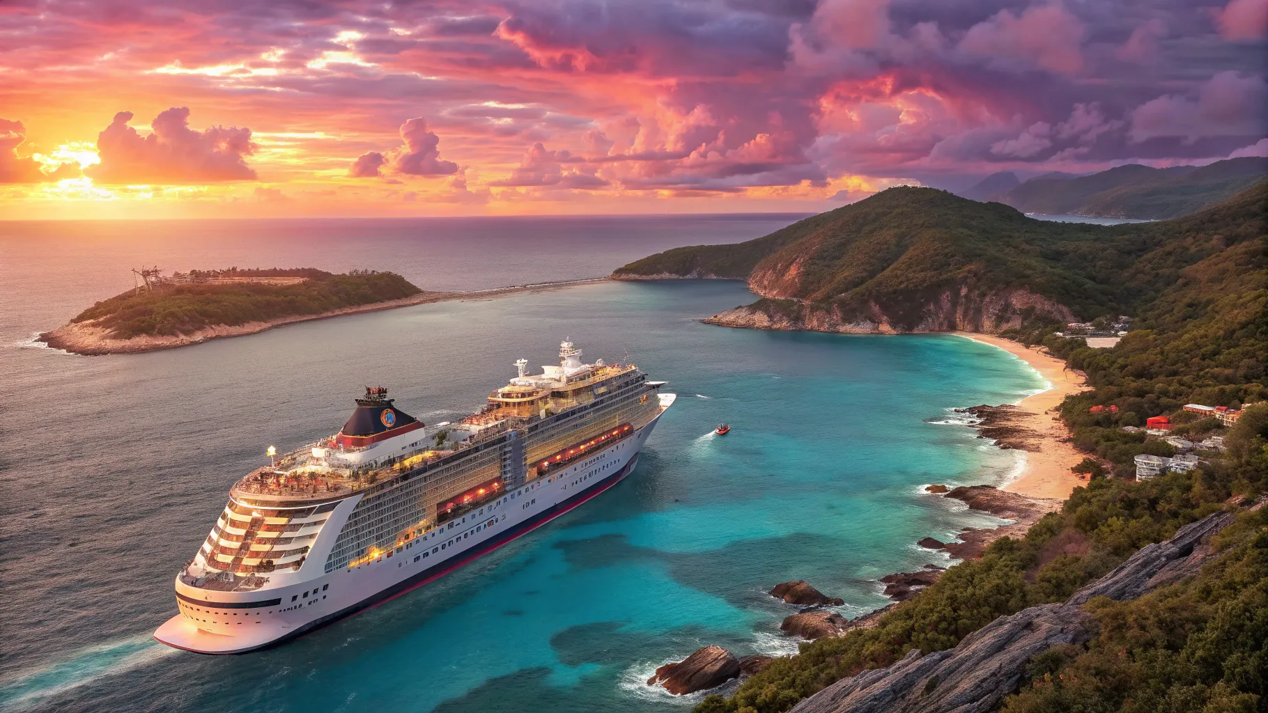 Cruises from Halifax to Bermuda feature a beautiful ship sailing into the sunset over the sea.