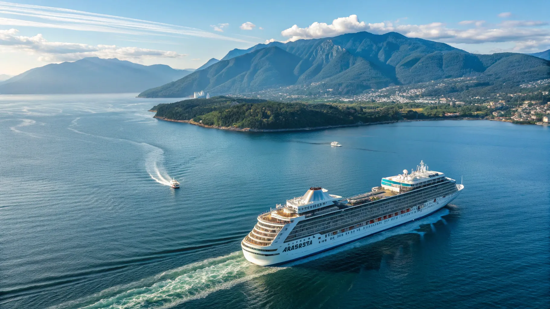 Cruises from Vancouver to Los Angeles feature scenic ocean waves and mountain backdrops.