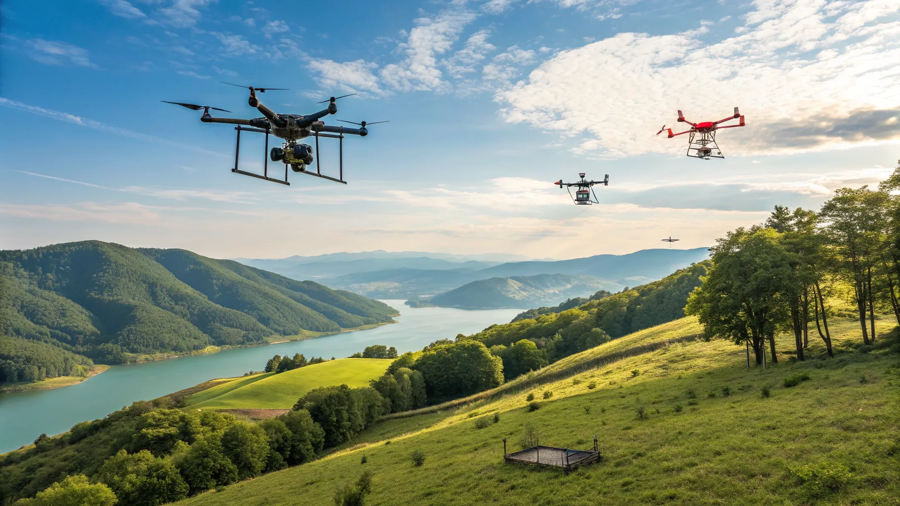 Buying Drones Guide: Multiple drones soaring over a scenic landscape showcasing technology.