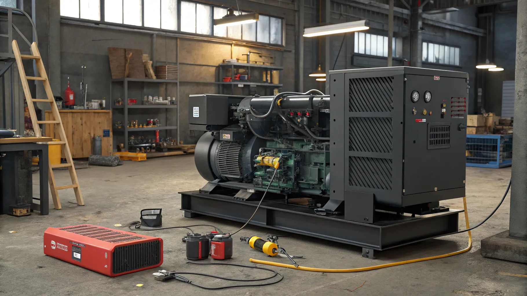 Backup diesel power solutions in an industrial area with a diesel generator and tools.