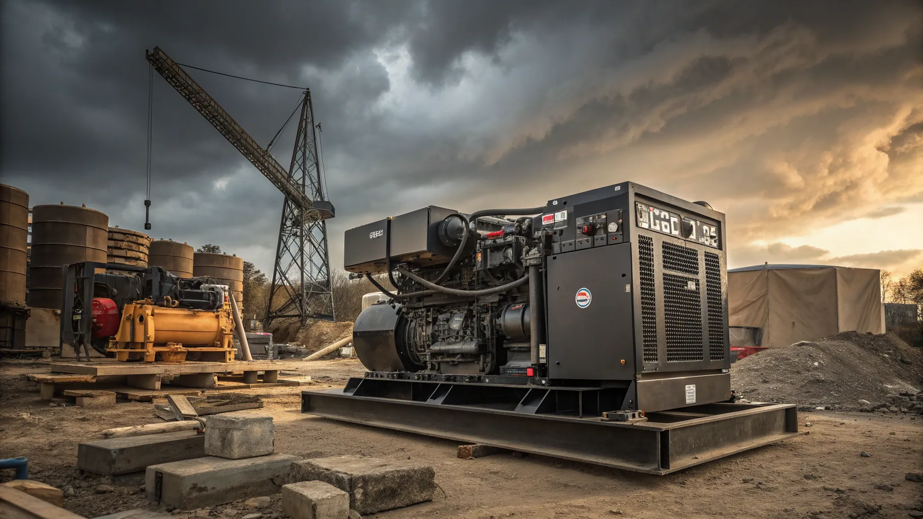 Generators powered by diesel fuel stand at a construction site, ready for use.