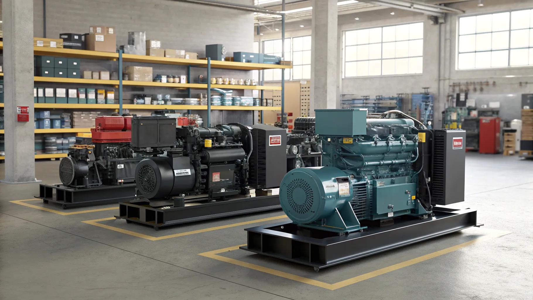 Buy reliable diesel generators, showcasing modern, durable machinery in an industrial space.