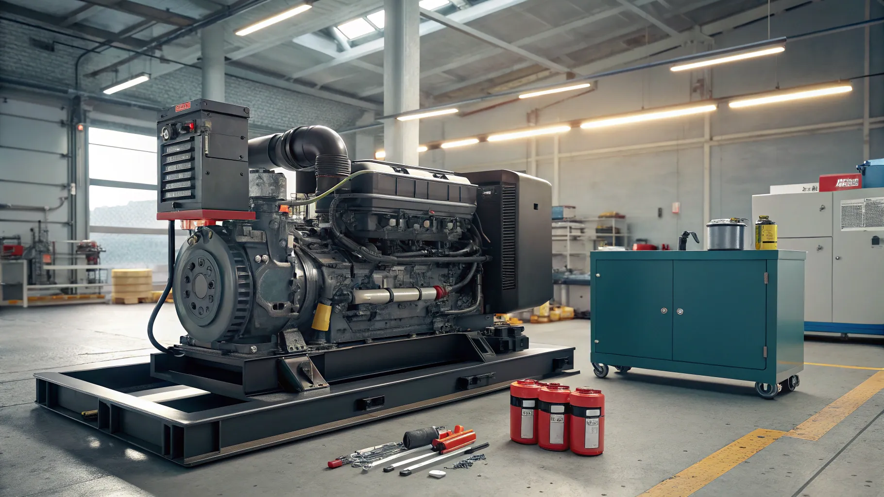 Maintenance and servicing for diesel generators in an industrial facility, showcasing detailed components.