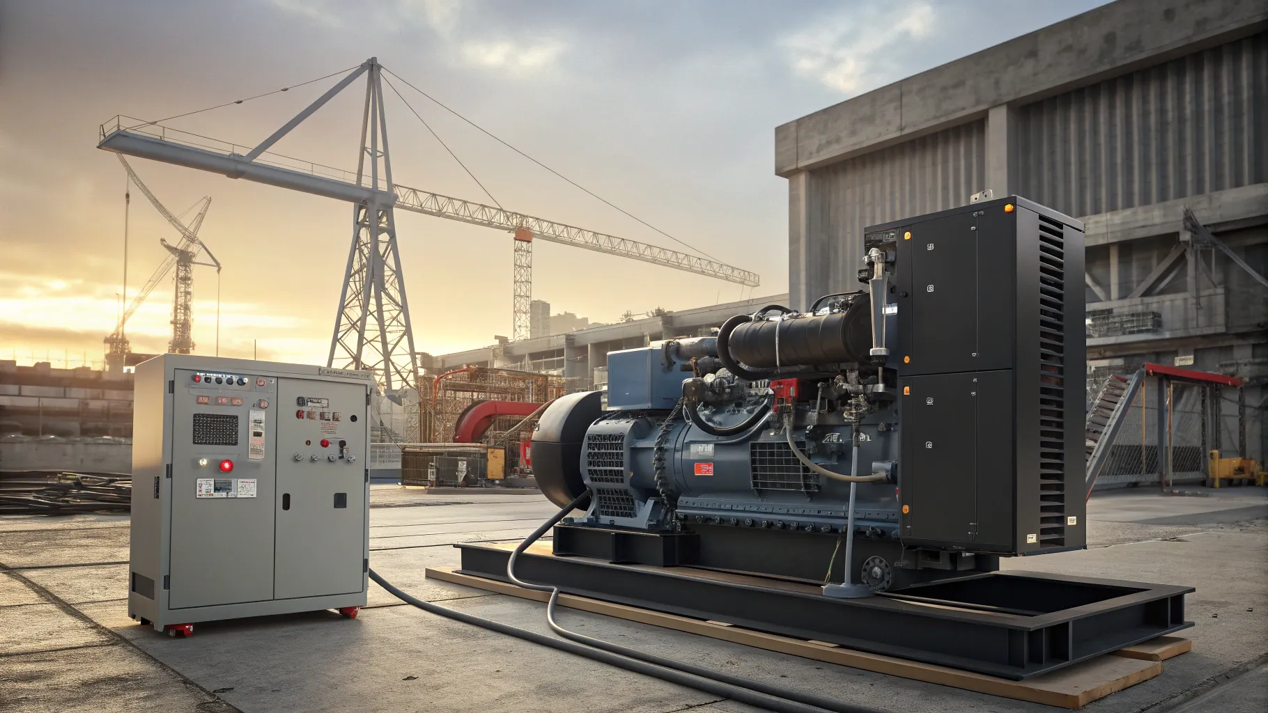 Diesel motor-driven generator sets power industrial operations at a construction site.