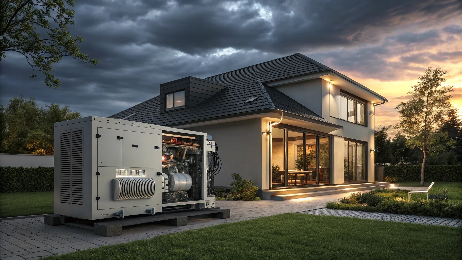 Whole-house diesel generator systems alongside a cozy home ready for stormy weather.