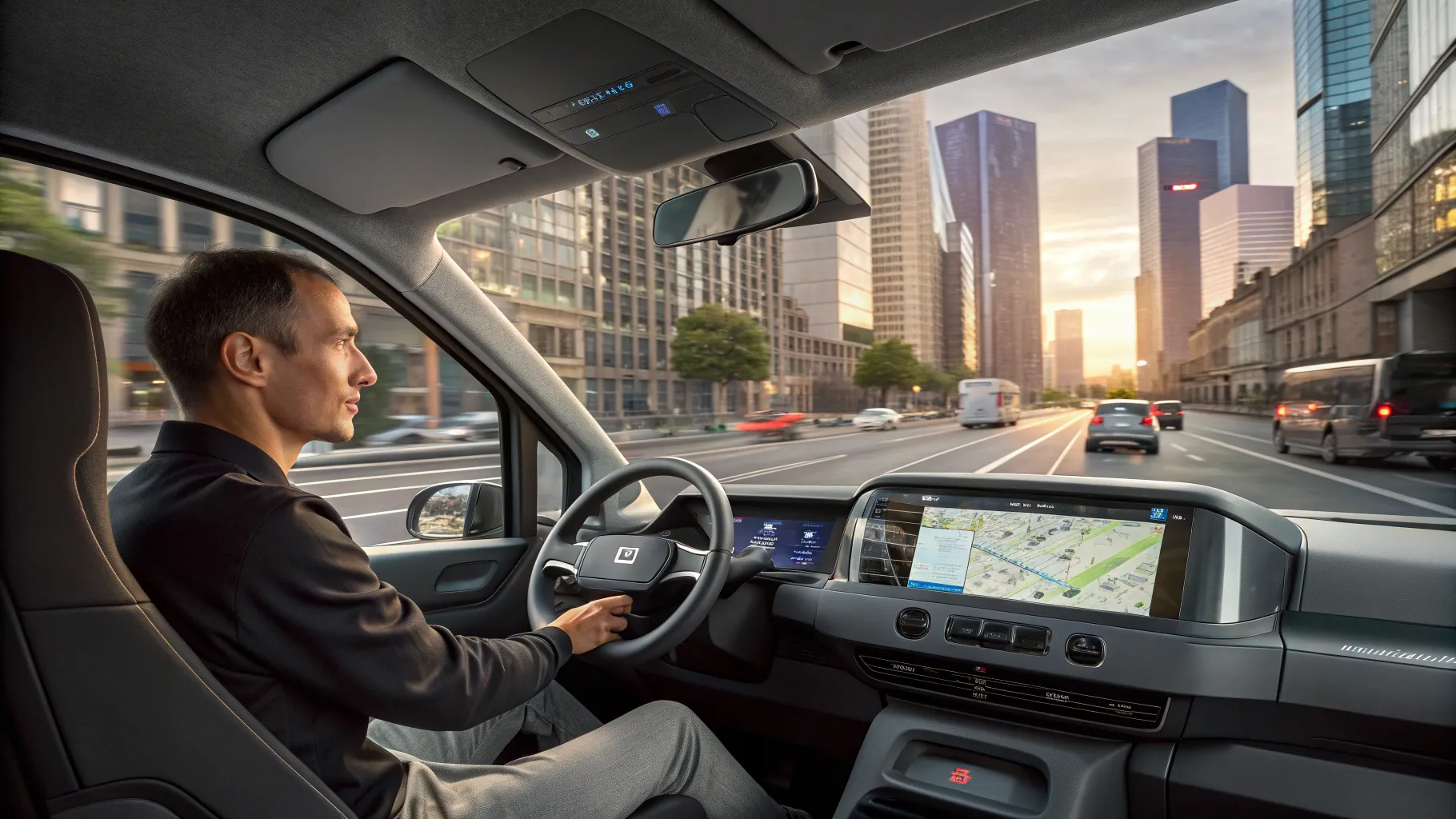 Delivery driver positions in 2025 navigating a city in an advanced eco-friendly van.