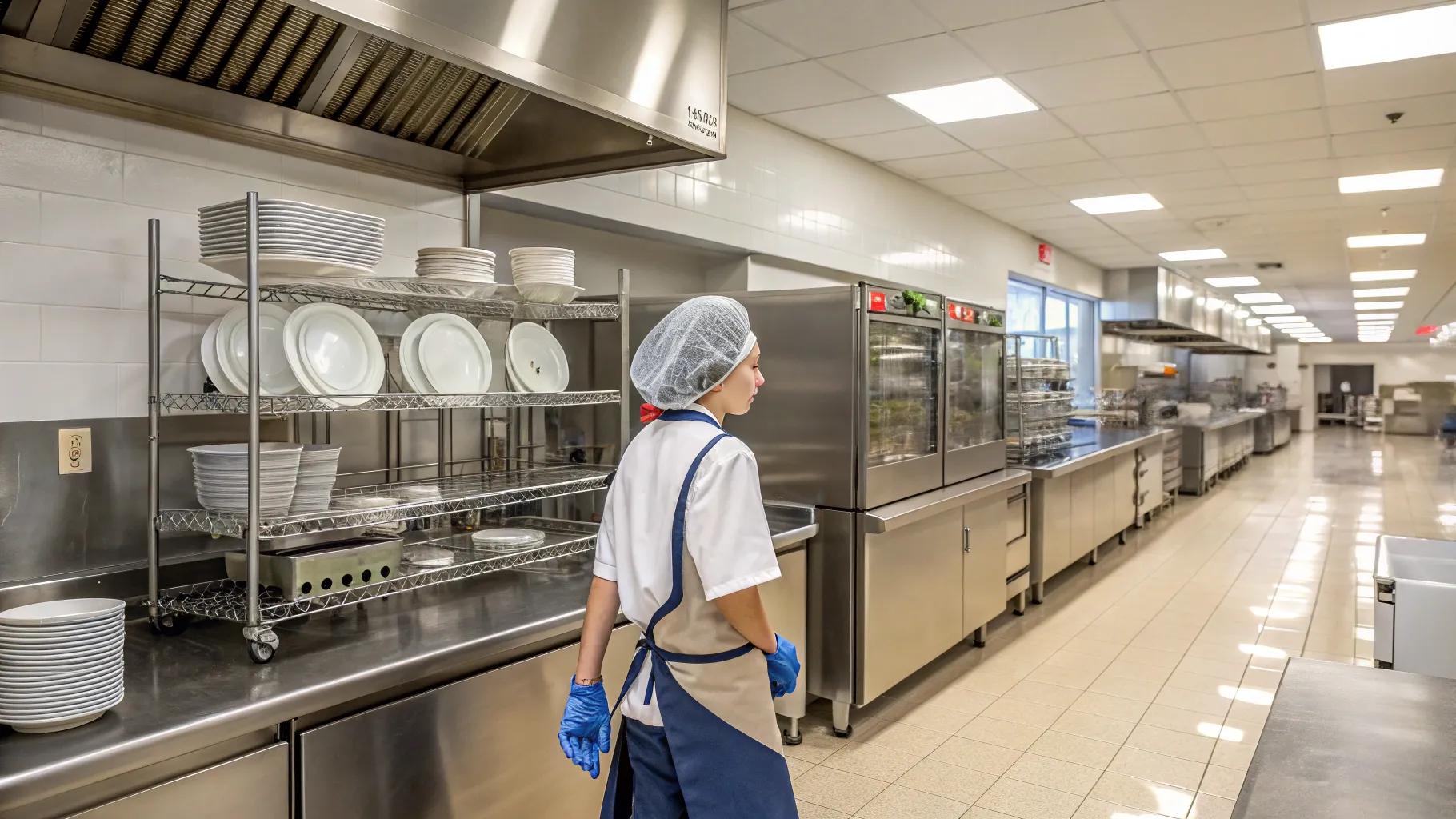 Dishwasher roles for seniors at schools: senior worker loading racks in a clean kitchen.