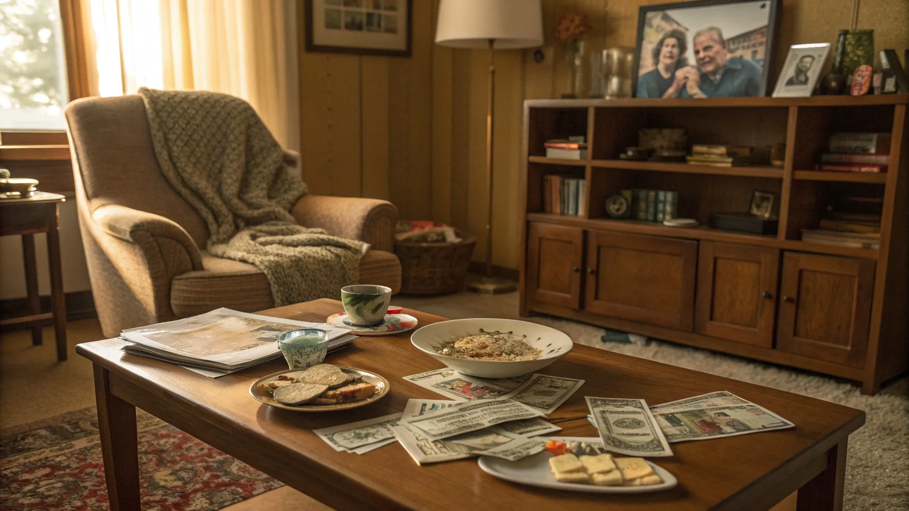 Early Signs Aging Parents Need Help: A cluttered living room with unaddressed household tasks.
