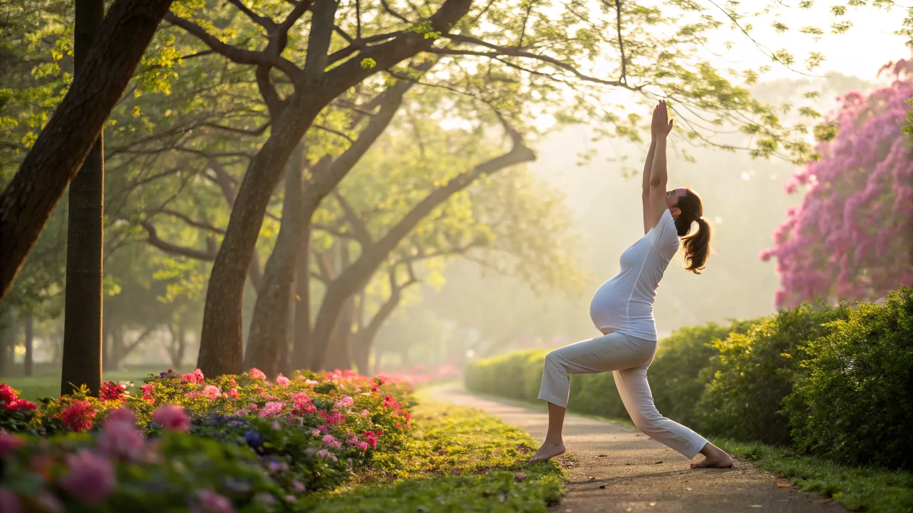 How much exercise is safe during pregnancy? A pregnant woman stretching in a park setting.