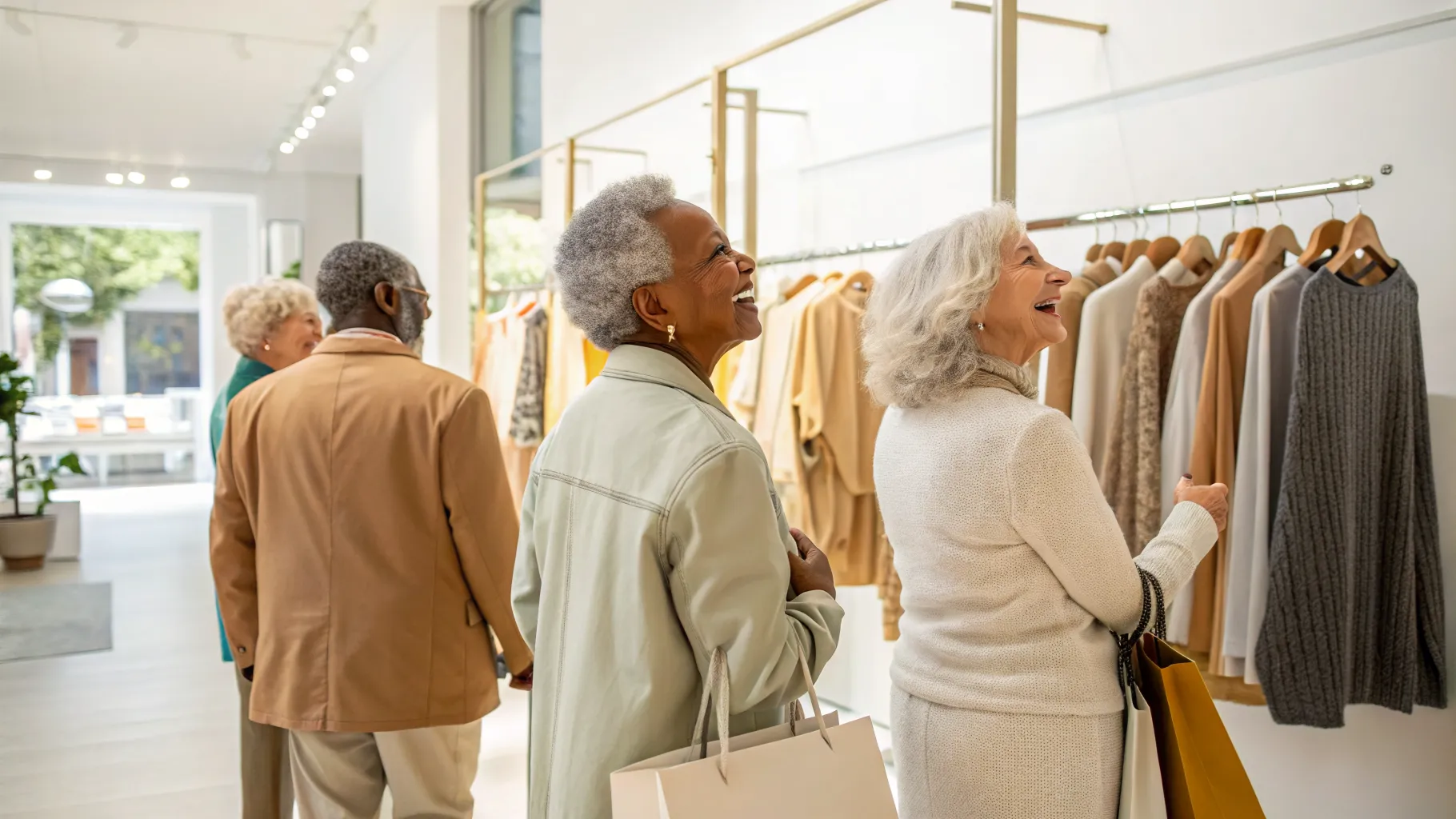 A stylish senior couple examining sustainable fabrics, showcasing senior fashion trends.