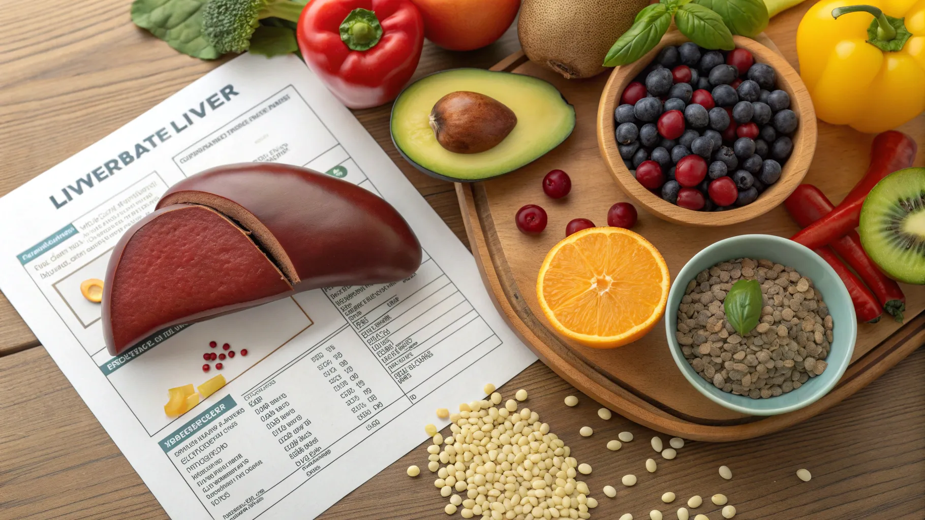 Fatty liver disease symptoms represented with liver model and healthy food options.