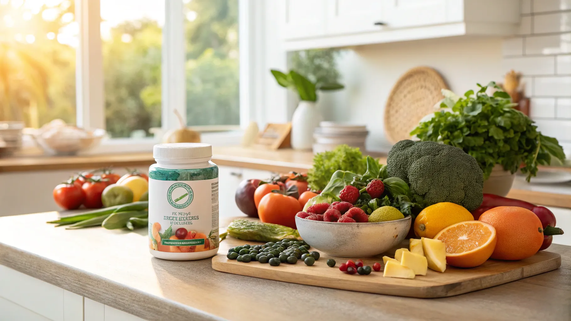 Fertility Vitamins for Women over 35 among fresh produce and supplements on a kitchen counter.