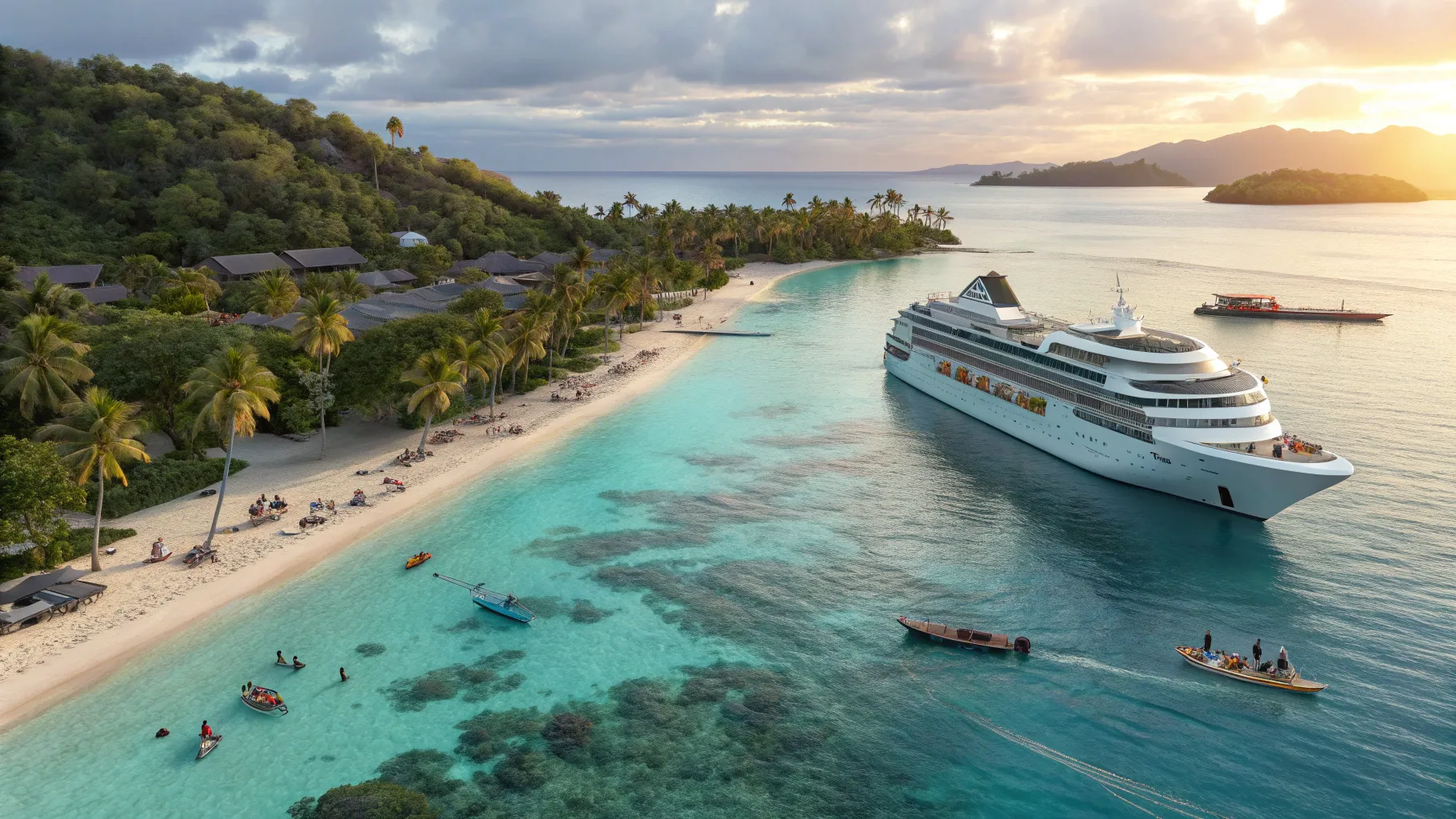 Australia to Fiji cruise — ship anchored by turquoise reef and palm-fringed beach