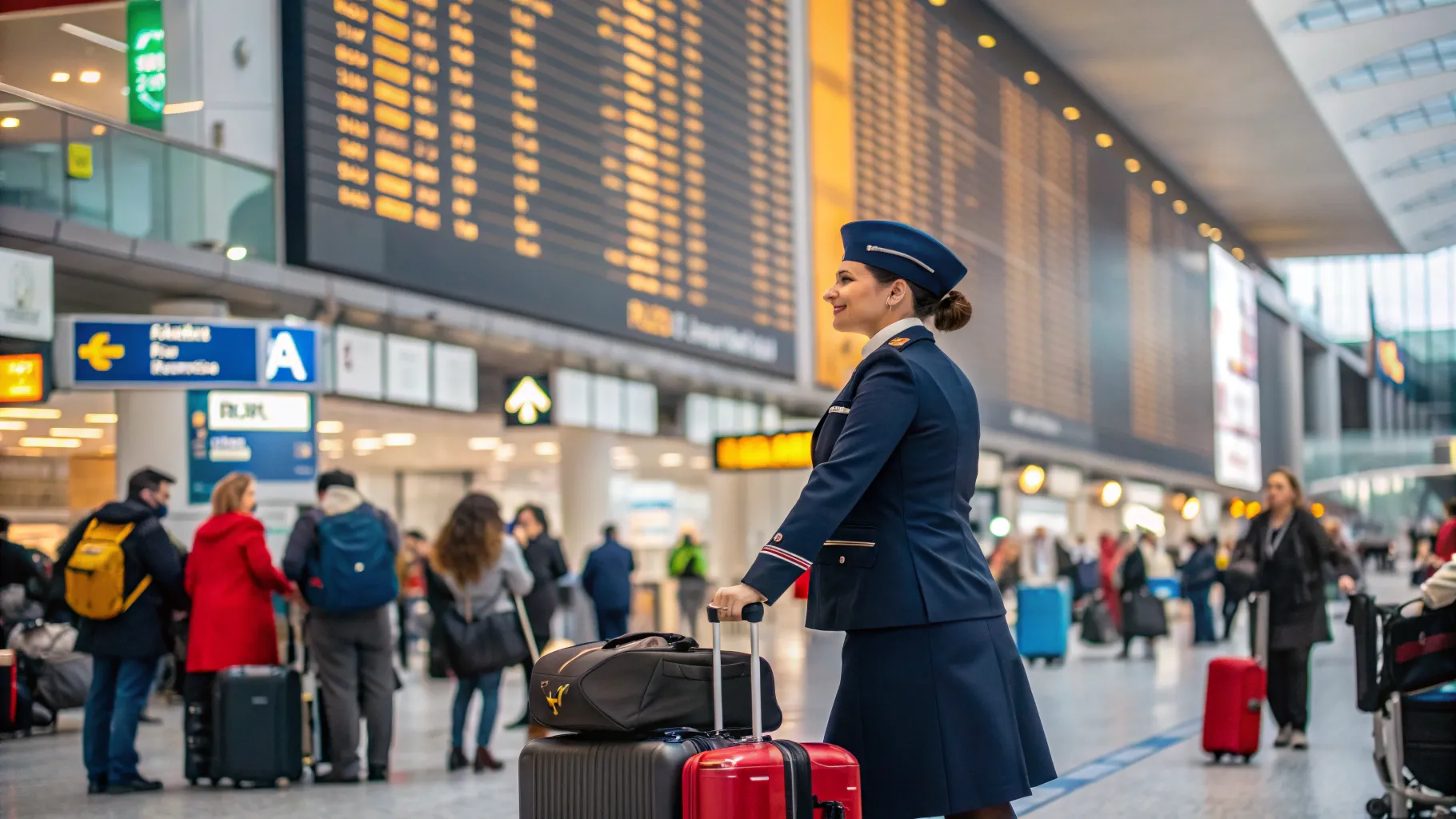 Flight Attendant Career: Inside an airplane cabin with a flight attendant assisting passengers.