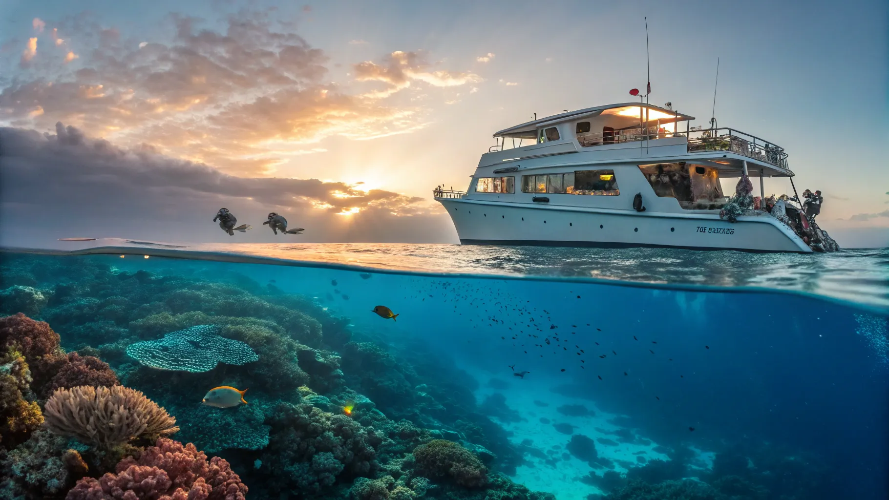 Australia to Great Barrier Reef cruise anchored liveaboard above vibrant coral garden