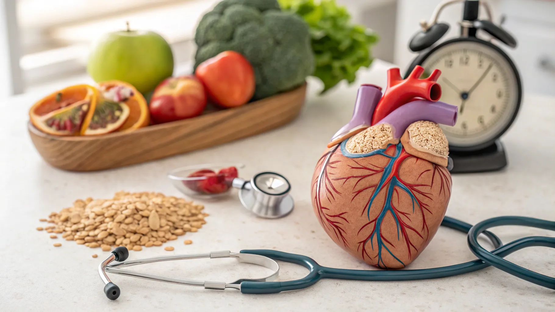 Hidden Signs of Heart Disease depicted with health pamphlet, fruits, and exercise gear.